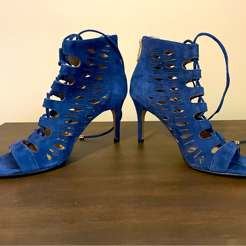Karl Lagerfeld Blue Suede Ankle Wrap Heels Sz 6.5